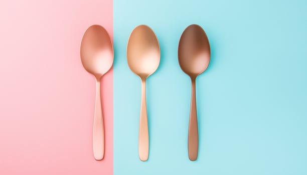 Three stainless spoons cutlery for dining tools on blue background photo