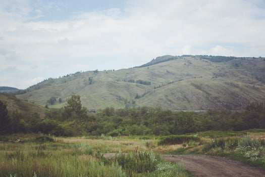 A man riding a horse down a dirt road photo