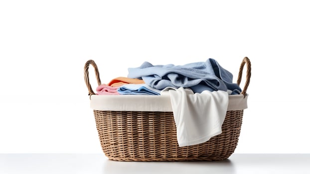 A wicker laundry basket overflowing with clean, folded clothes on white background. photo