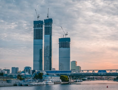 Construction work site and high rise building. High-rise building under construction. Reinforced concrete frame. Moscow. photo