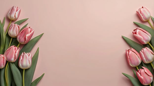 Bouquet of pink tulips on a pink background, top view, space for text. photo