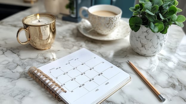 A calendar, coffee cup, and a plant on a marble table photo