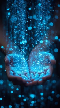 Hands holding glowing blue light in the air photo