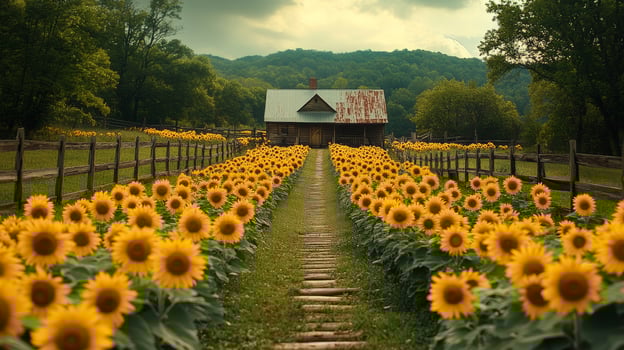 A field of sunflowers with a wooden path leading to a barn photo