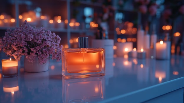 A perfume bottle and candles on a counter photo