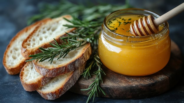 Honey and bread on a wooden board photo