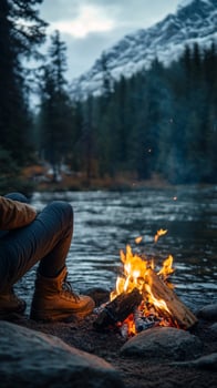 A person sitting by a campfire with a mountain in the background photo