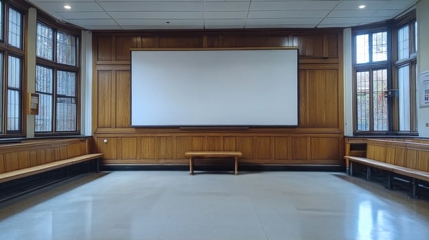 A large projection screen in a room with wooden walls photo