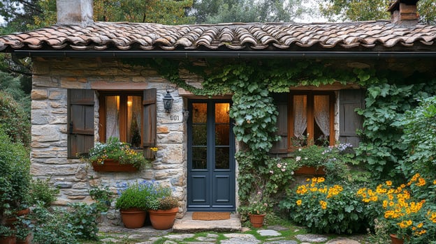 A stone house with a door and windows photo