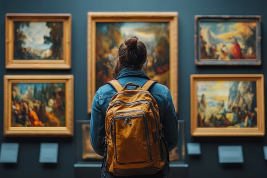 A woman with a backpack looking at paintings in an art museum photo