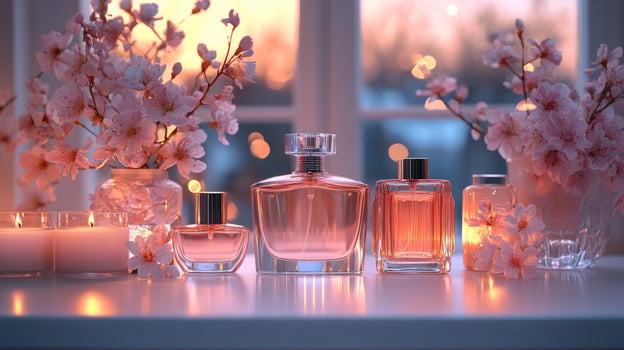 Perfume bottles and candles on a window sill photo