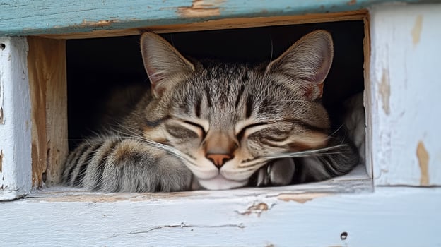 A cat is sleeping in a window photo
