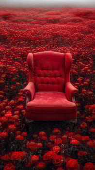 A red chair sits in a field of red flowers photo