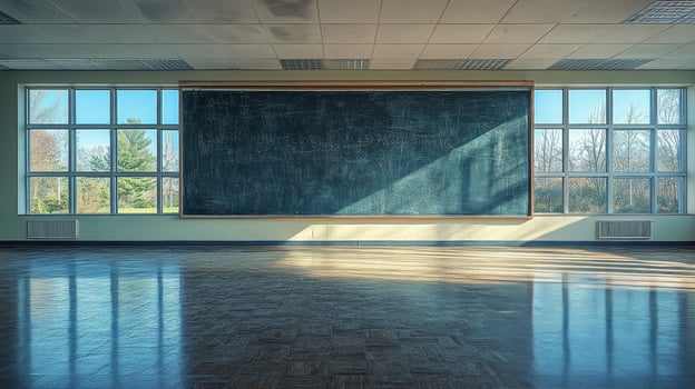 An empty classroom with a chalk board on the wall photo