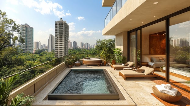 A balcony with a hot tub overlooking the city photo