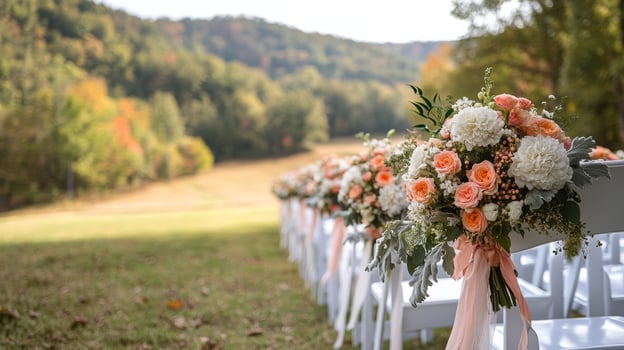 A row of chairs with flowers and bows photo