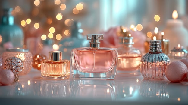 Perfume bottles and candles on a table photo