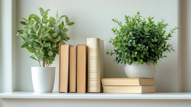 Three books and a plant on a shelf photo