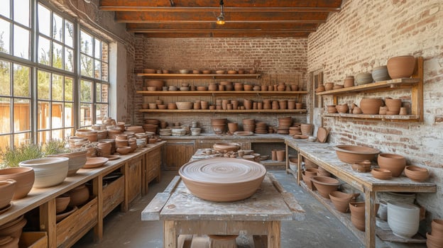 A room filled with pots and bowls on a table photo