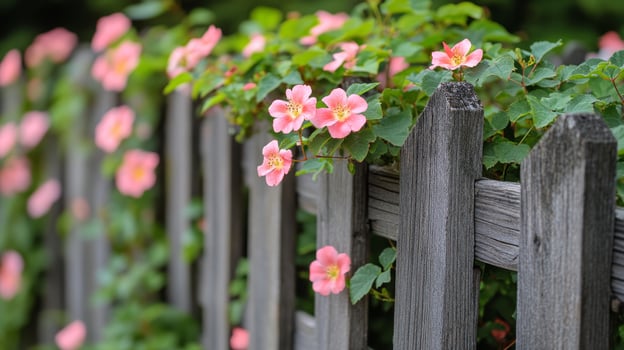 A wooden fence with pink flowers growing on it photo