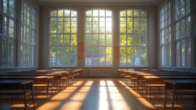 A classroom with many windows and sunlight shining through photo