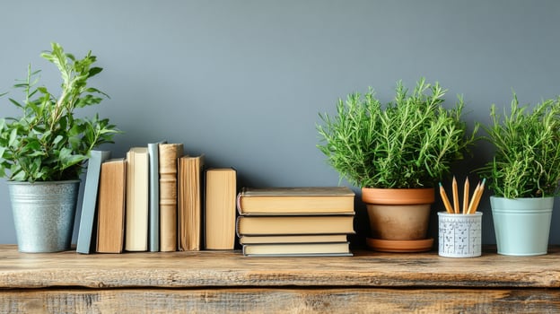 Books, plants and pencils on a wooden table photo