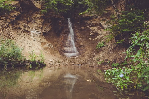 A waterfall in the middle of a forest photo