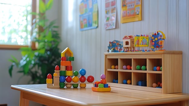 A wooden table with toys and a shelf photo