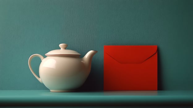 Teapot and red envelope on blue background photo