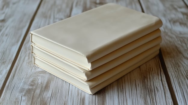 A stack of three books on a wooden table photo
