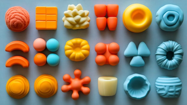 A collection of colorful plastic toys arranged in a pattern photo