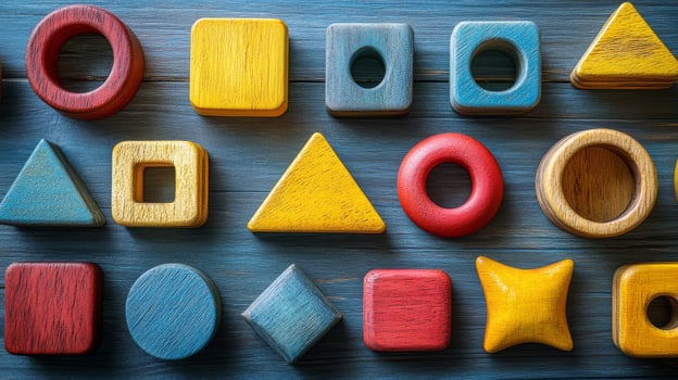 Colorful wooden toys arranged in a circle on a blue background photo