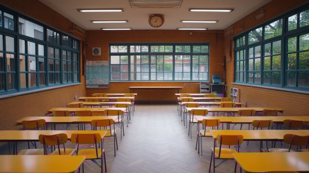 Empty classroom with yellow chairs photo