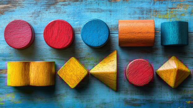Colorful wooden toys on a blue background photo