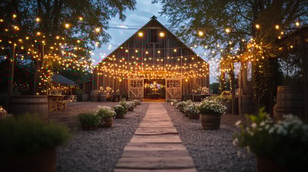 A rustic barn with string lights and flowers photo