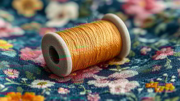 A spool of thread on a floral fabric photo