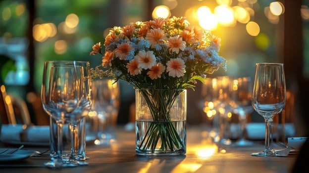 A table with flowers and glasses on it photo
