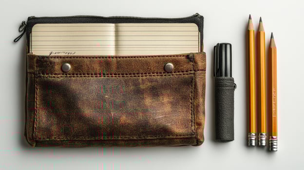 A leather pouch with a pen, pencils and notepad photo