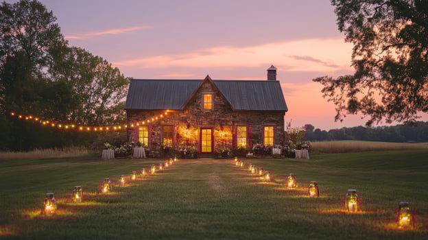 A house with candles lit up in front of it photo