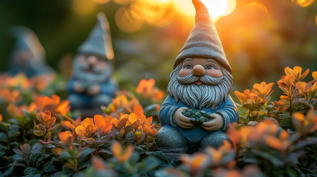 A gnome statue is sitting in the grass with the sun setting behind it photo