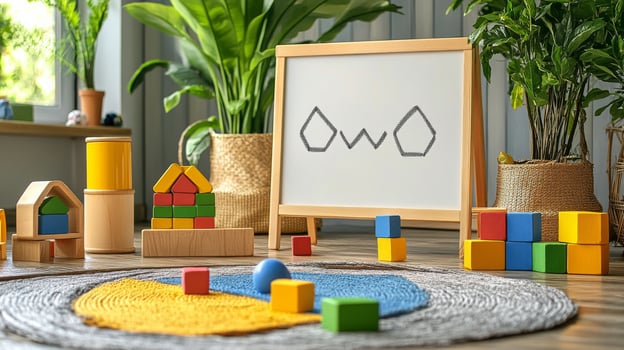 A wooden toy set on a table with a whiteboard photo