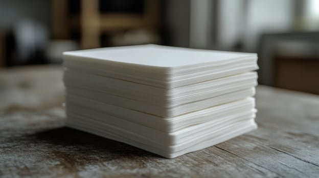 A stack of white paper napkins sitting on top of a wooden table photo