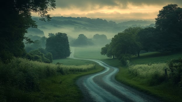 A dirt road runs through a green field with trees photo