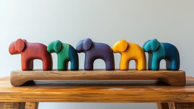 A group of colorful elephant figurines on a wooden stand photo