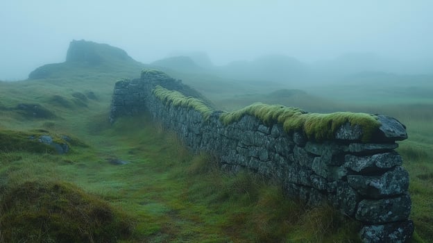 A stone wall in the fog with grass growing on it photo