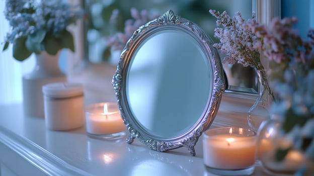 A mirror and candles sit on a table photo