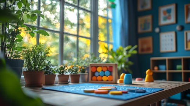 A table with toys and plants in front of a window photo