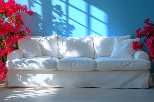 Bright Living Room Interior with White Sofa and Vibrant Pink Bougainvillea Decor photo