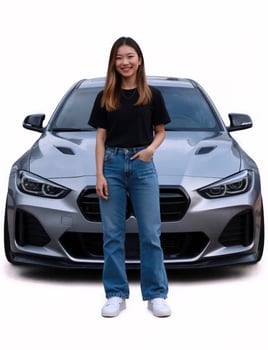 A woman standing next to a silver bmw car photo