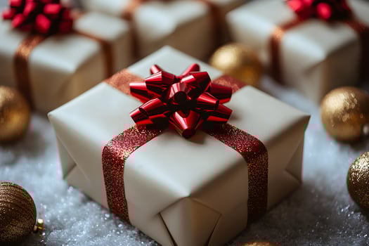 Elegant Holiday Gift Box with Red Ribbon and Golden Ornaments on Snowy Background photo